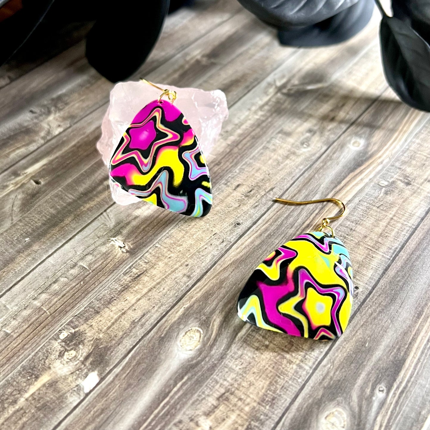 Large domed triangles, psychedelic stars, blue yellow pink, handmade earrings
