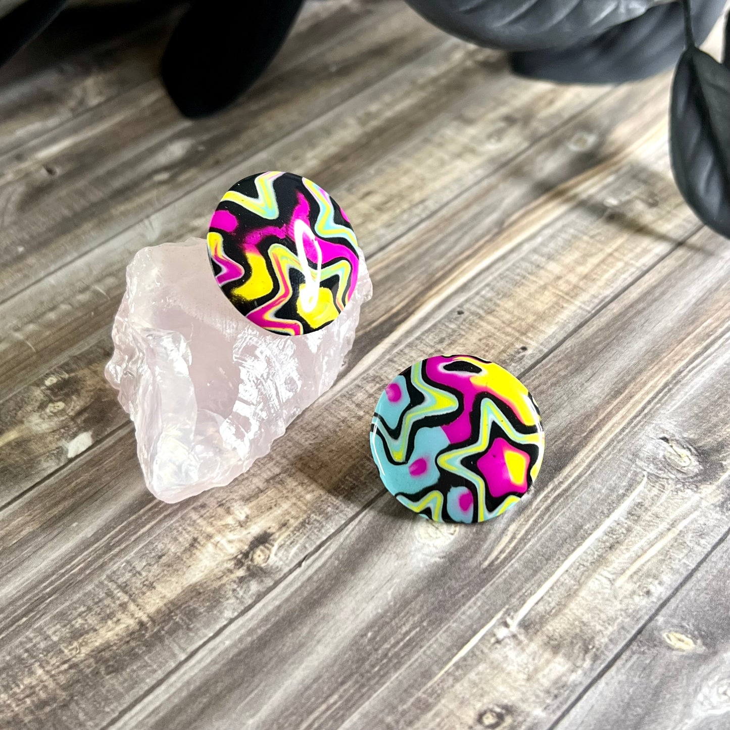 Large domed studs, psychedelic stars, blue yellow pink, handmade earrings