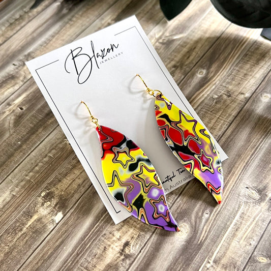Extra Large leaves, psychedelic stars, red yellow purple, handmade earrings
