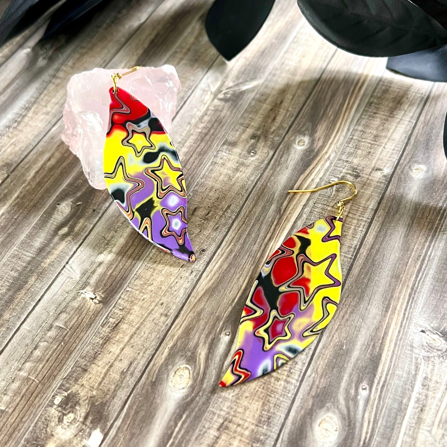 Extra Large leaves, psychedelic stars, red yellow purple, handmade earrings