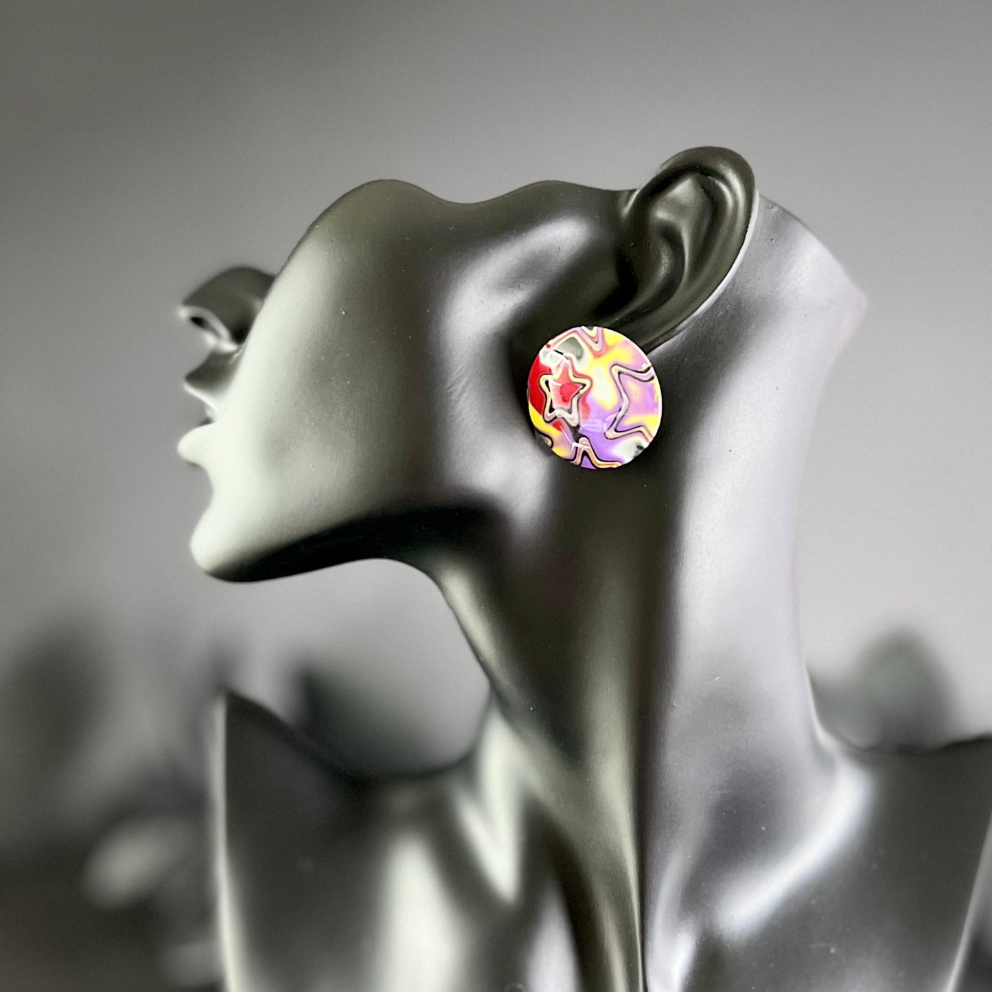 Large domed studs, psychedelic stars, red yellow purple, handmade earrings