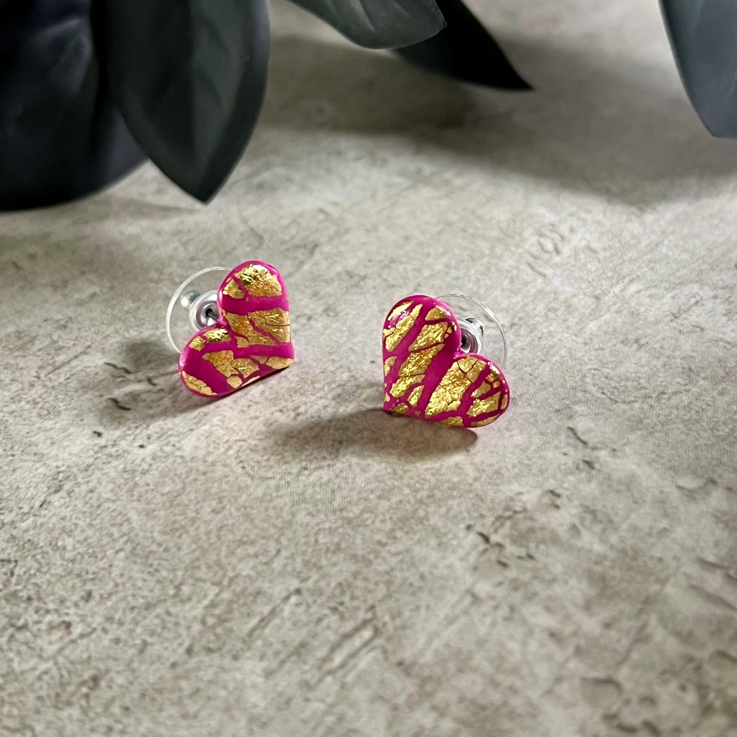 Small heart studs, shattered gold foil on pink, handmade earrings