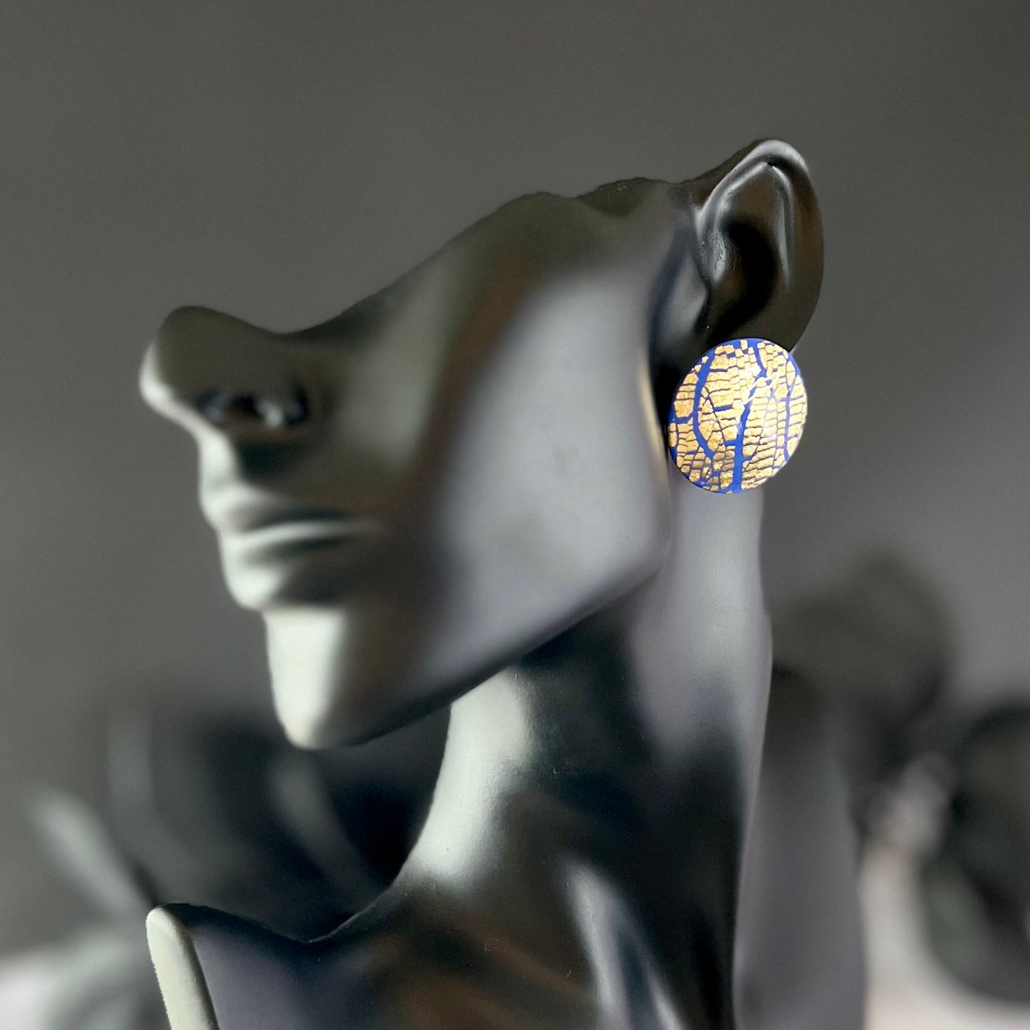 Large domed studs, shattered gold foil on blue, handmade earrings