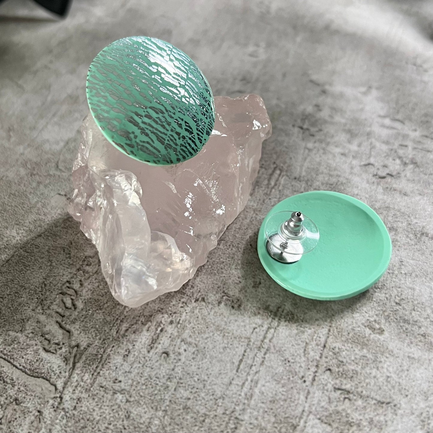 Large domed studs, shattered silver foil on mint green, handmade earrings