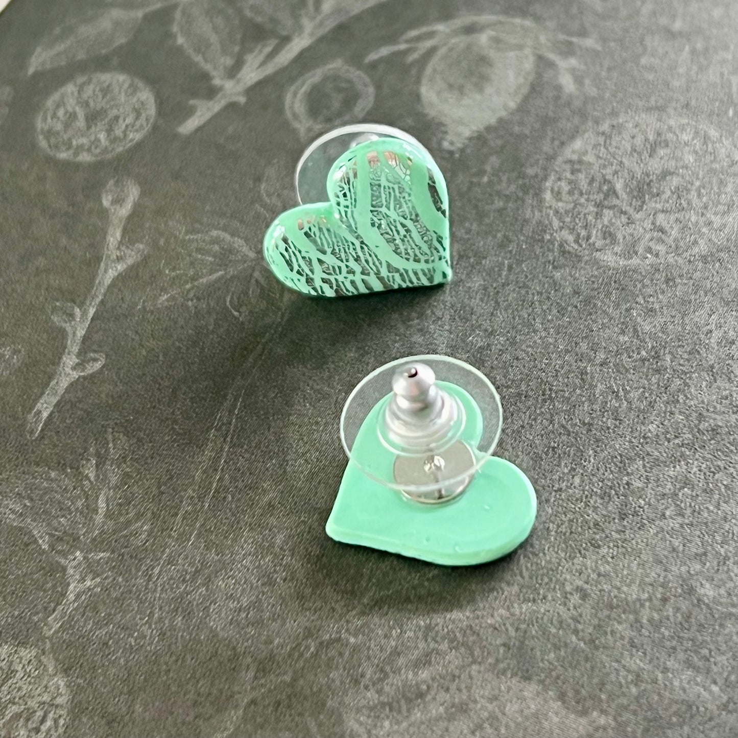Small heart studs, shattered silver foil on mint green, handmade earrings