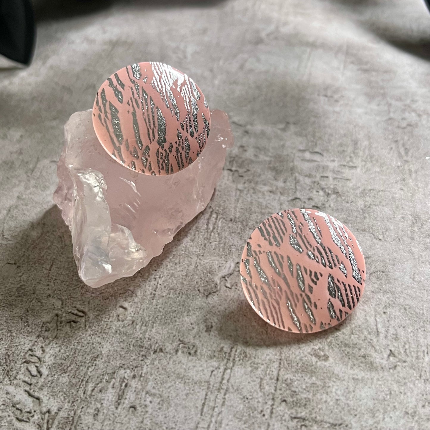 Large studs, shattered silver foil on peachy pink, handmade earrings