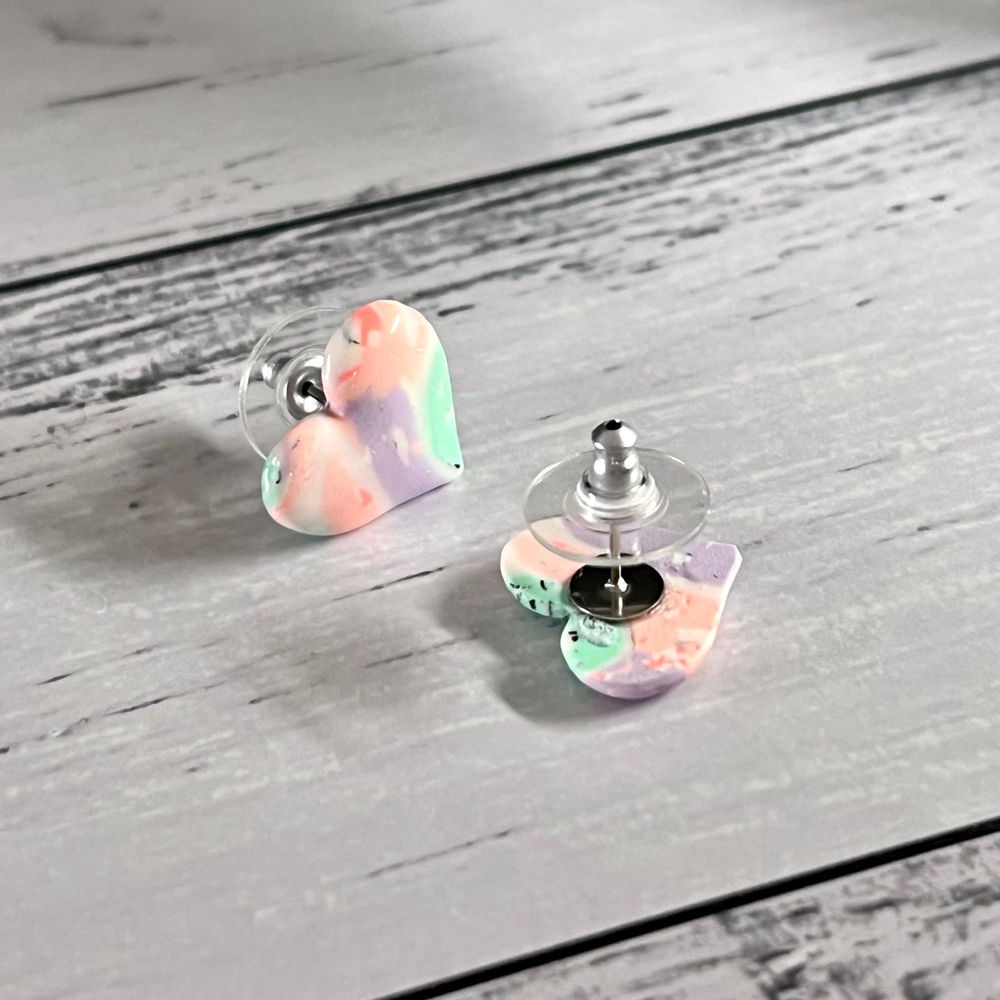 Small heart studs, peach lavender mint abstract swirls, handmade earrings