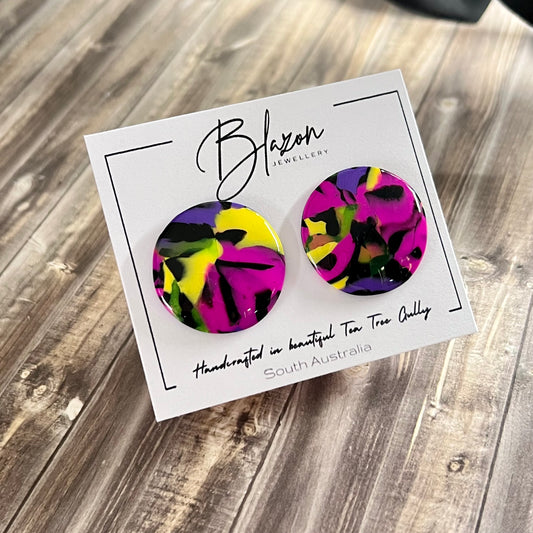 Large domed studs, pink purple yellow green abstract, handmade earrings