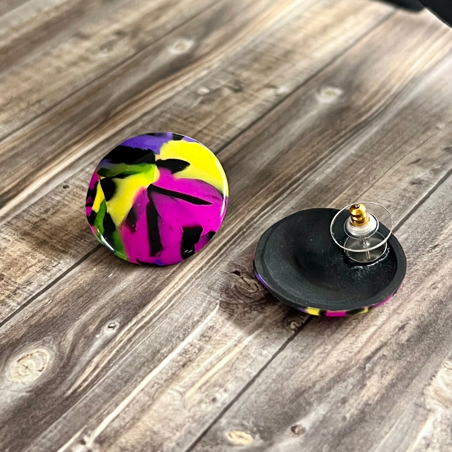 Large domed studs, pink purple yellow green abstract, handmade earrings