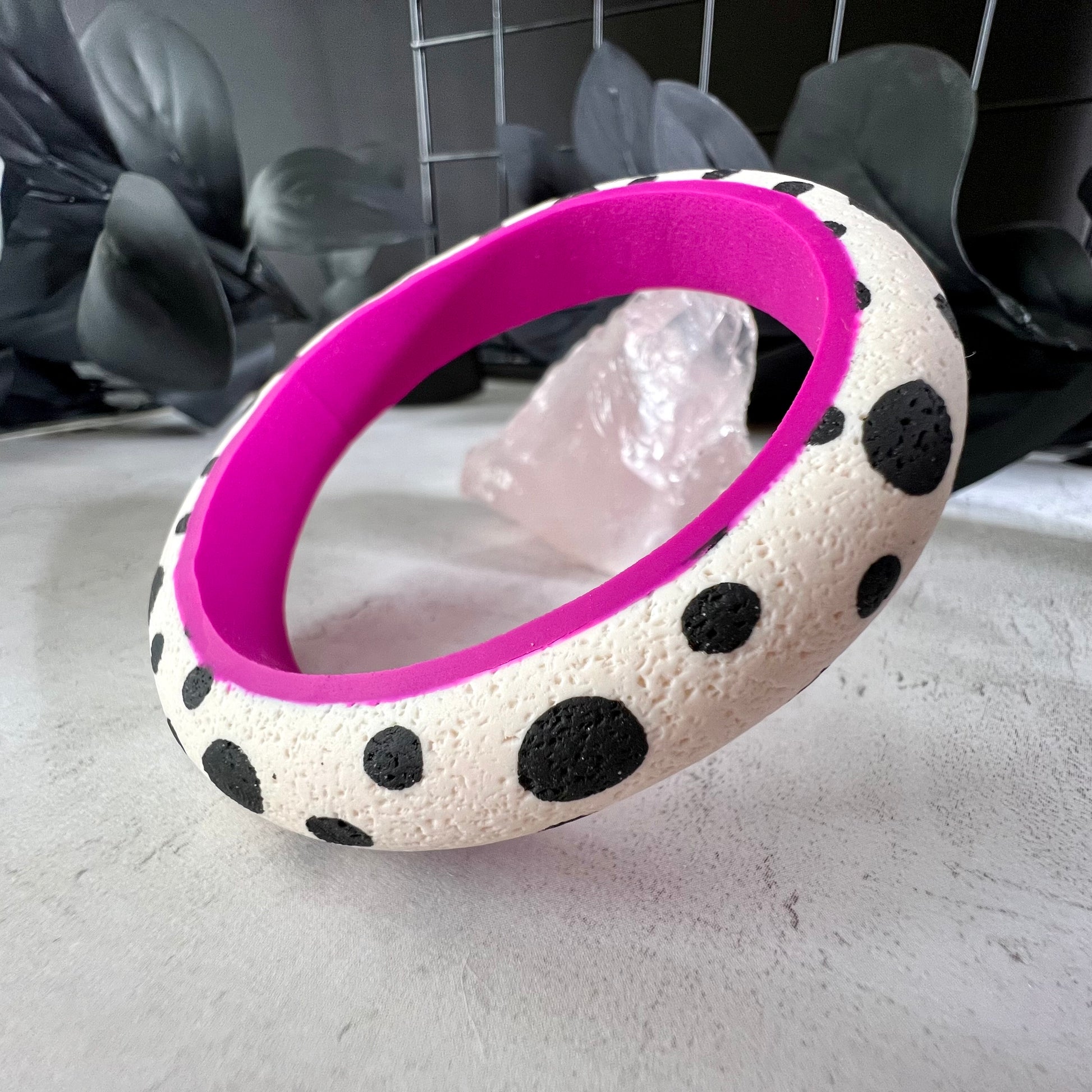 black polka dots clay bangle with pink