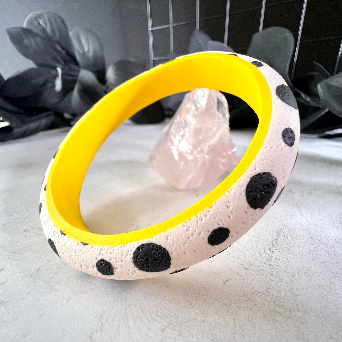 black polka dots clay bangle with yellow