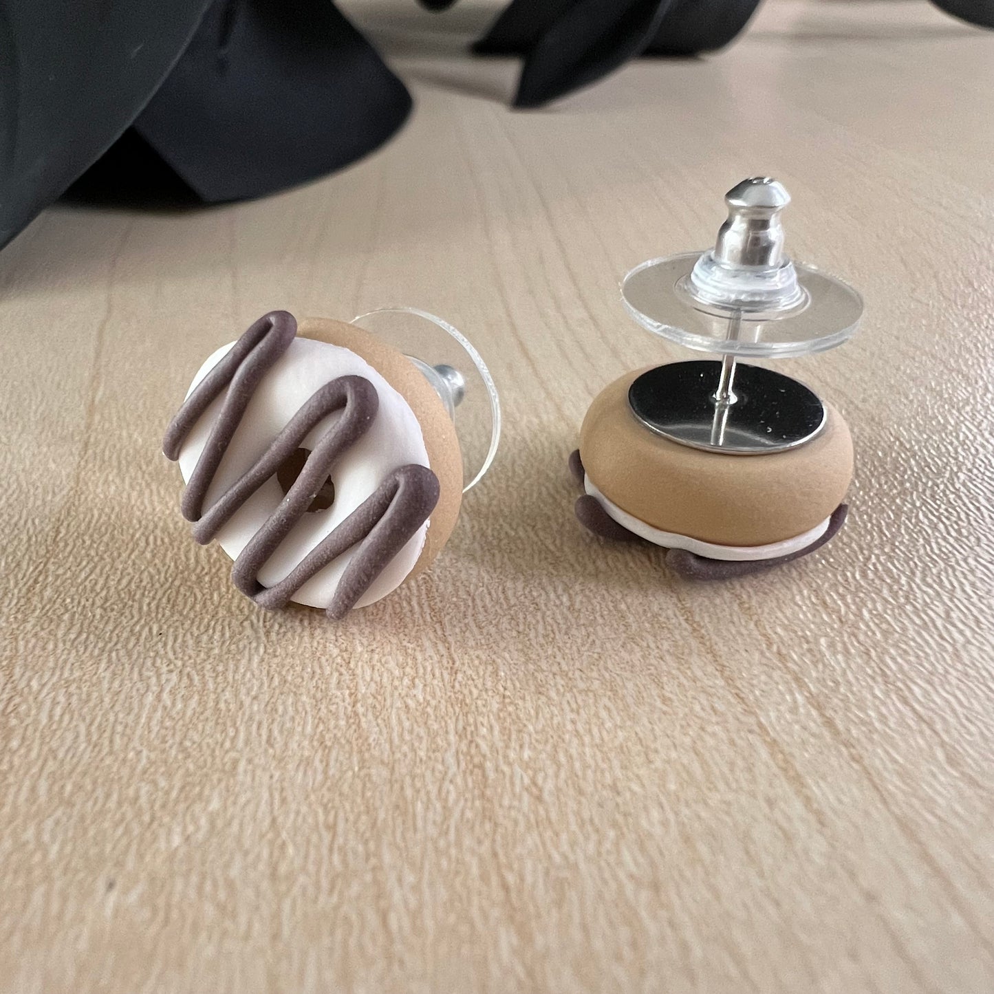 Iced donut studs, white vanilla, brown chocolate drizzle, handmade earrings