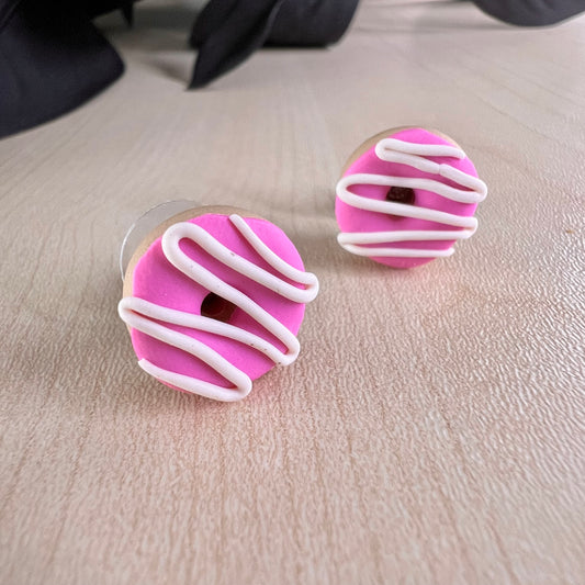 Iced donut studs, strawberry pink, white vanilla drizzle, handmade earrings