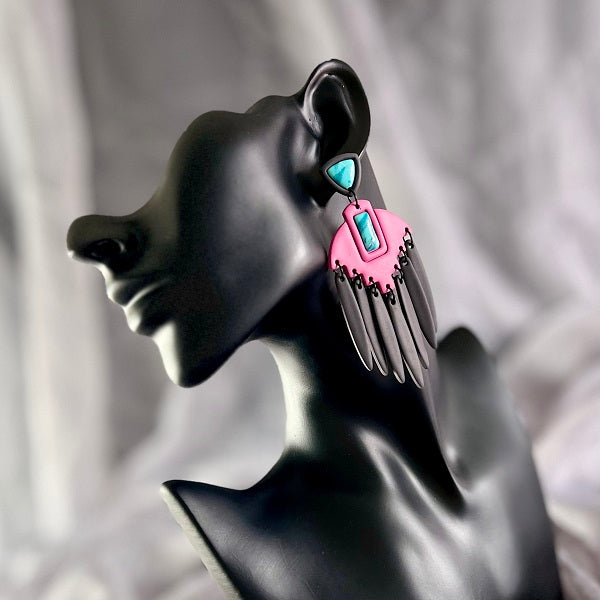 Large dangle earrings Aztec chandelier turquoise inlay, pink, grey