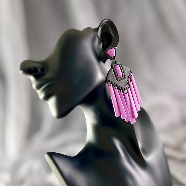 Large dangle earrings Aztec chandelier purple inlay