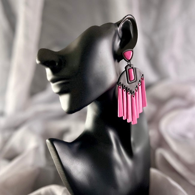 Large dangle earrings Aztec chandelier pink inlay