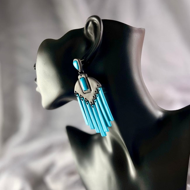 Large dangle earrings Aztec chandelier blue inlay