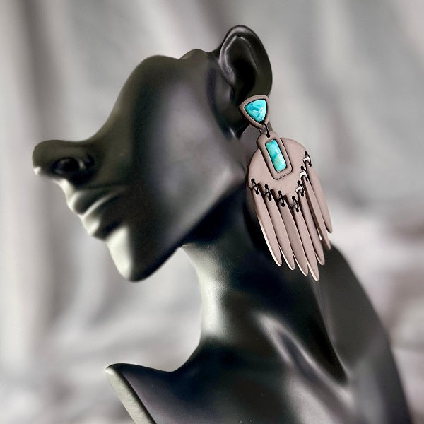 Large dangle earrings Aztec chandelier turquoise inlay, brown/grey