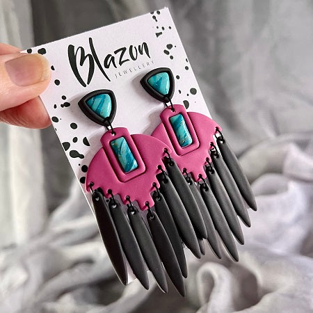 Large dangle earrings Aztec chandelier turquoise inlay, pink, grey