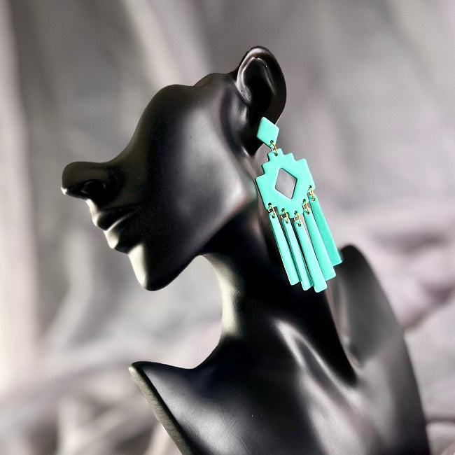 Extra large chandelier earrings, Aztec style, Fiji blue, handmade