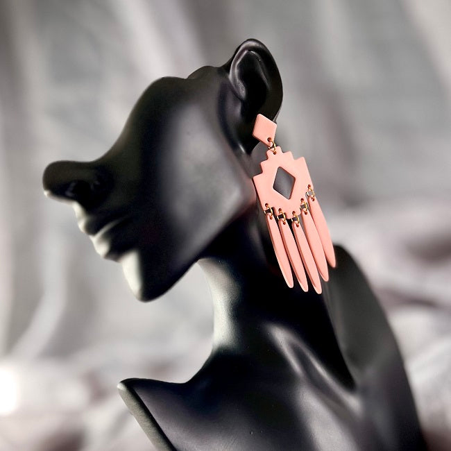 Extra large chandelier earrings, Aztec style, pink peach, handmade