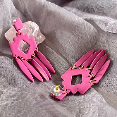 Large dangle earrings Aztec chandelier  rose pink