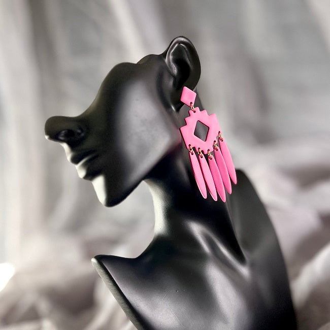 Large dangle earrings Aztec chandelier  rose pink