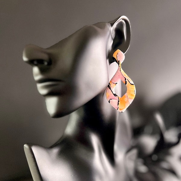 Large dangle earrings orange pink