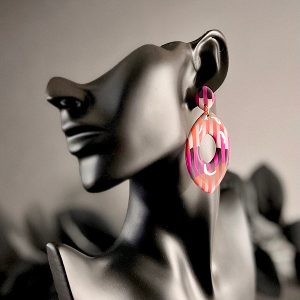 Large dangle earrings pink stripes