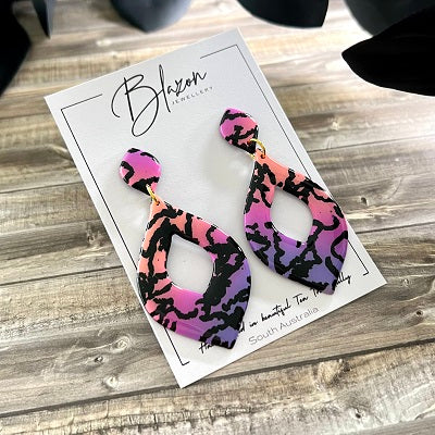 Large dangle earrings sunset abstract