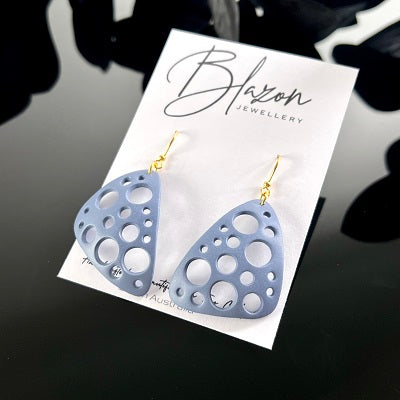 Large dangle earrings Swiss cheese blue