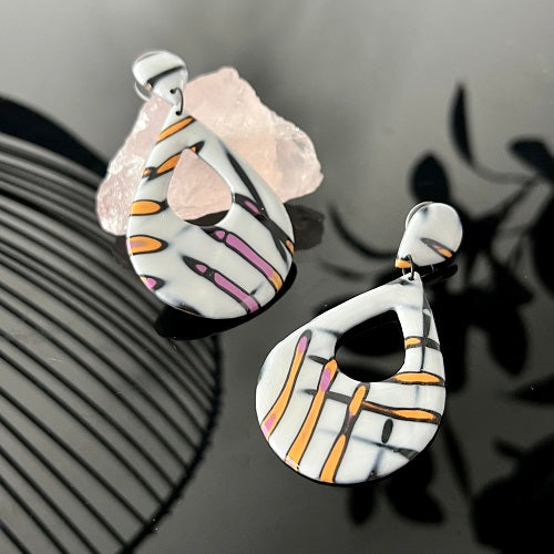 Large dangle earrings white scratches