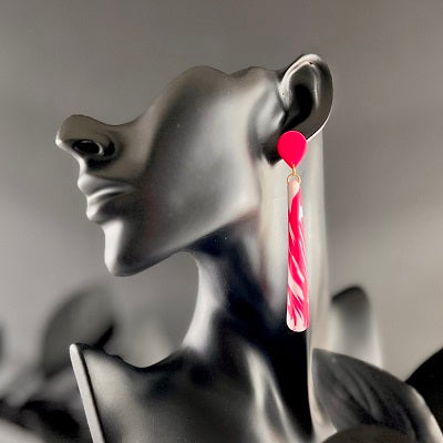 neon pink patterned long dangle earrings