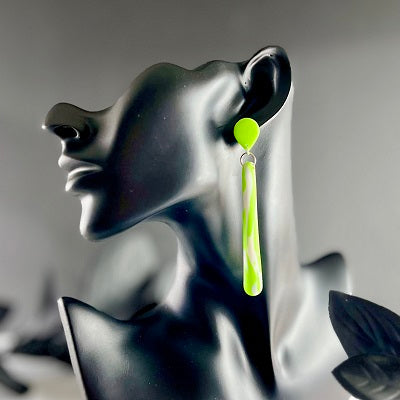 neon green patterned long dangle earrings