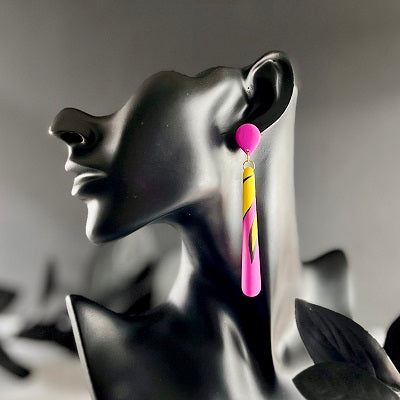 pink yellow patterned long dangle earrings
