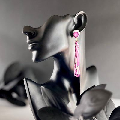 pink patterned long dangle earrings