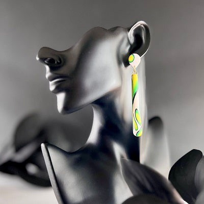 green yellow patterned long dangle earrings