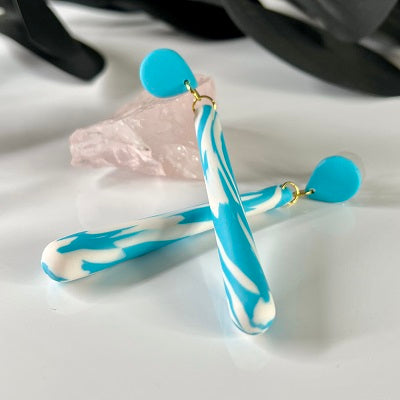 Blue patterned long dangle earrings