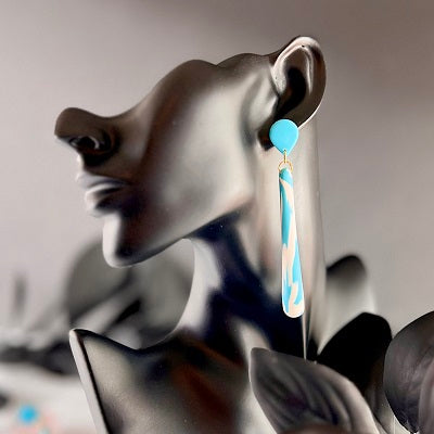Blue patterned long dangle earrings
