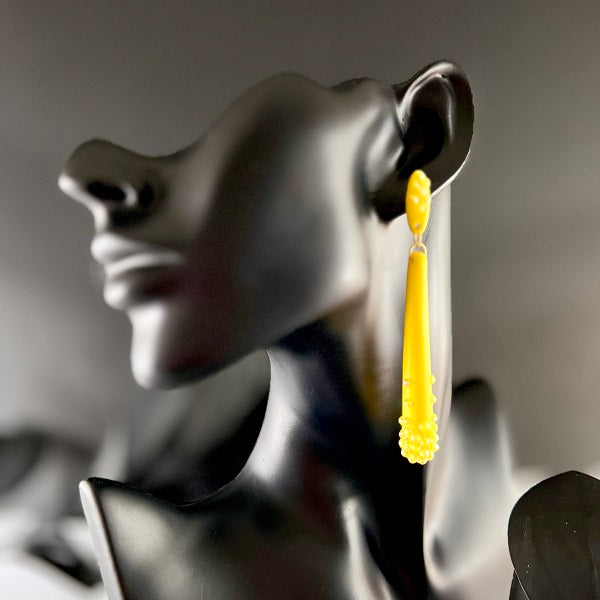 Yellow rhinestone long drops, handmade earrings.