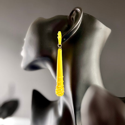 Yellow rhinestone long drops, handmade earrings.