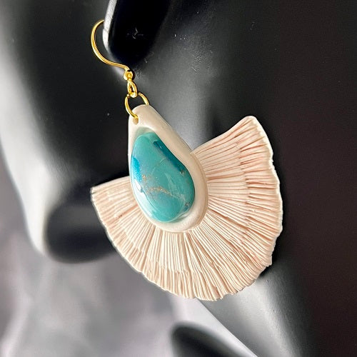 Large macrame earrings cream turquoise