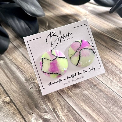 Large stud earrings green pink