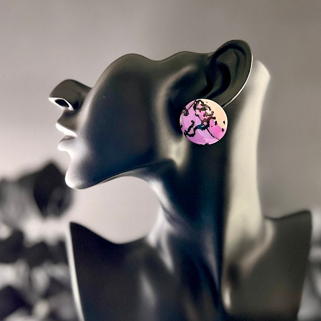Large domed studs, peach, pink and purple, black speckle, handmade earrings