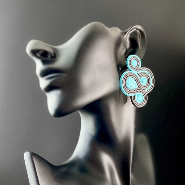Large stud earrings soutache blue