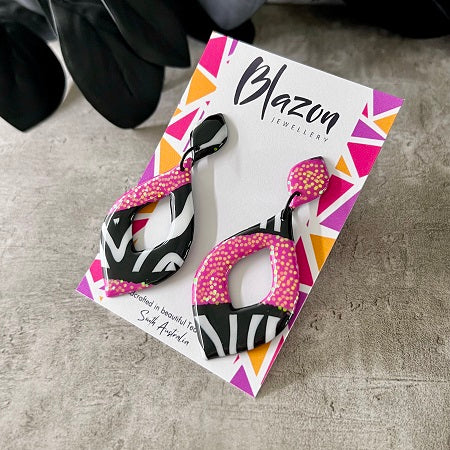 Large teardrop earrings pink glitter zebra