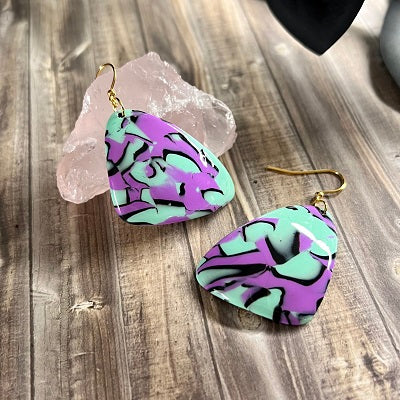 Large triangle earrings blue purple abstract