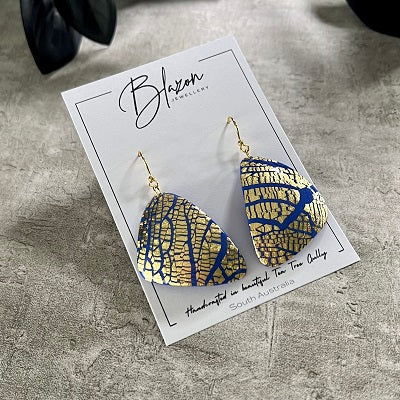 Large triangle earrings blue gold foil