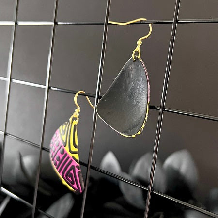 Large triangle earrings pink yellow tribal