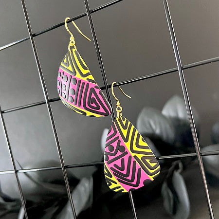 Large triangle earrings pink yellow tribal